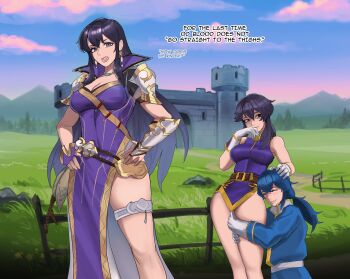 1boy 2girls absurdres armor assertive_female asymmetrical_gloves ayra_(fire_emblem) ayra_(supreme_astra)_(fire_emblem) bare_legs belt black_hair blue_sky blush bracer breasts castle cleavage clenched_teeth closed_eyes cloud cloudy_sky commentary commission commissioner_upload couple dress earrings english_commentary english_text fence fire_emblem fire_emblem:_genealogy_of_the_holy_war fire_emblem_heroes glaring gloves grass hand_on_another&#039;s_head hands_on_own_hips hetero highres hug hugging_another&#039;s_leg jewelry kneeling larcei_(fire_emblem) large_breasts leg_grab long_hair looking_at_viewer mature_female medium_breasts mother_and_daughter multiple_girls necklace nintendo outdoors pearl_necklace pelvic_curtain petting ponytail popped_collar purple_dress purple_tunic rock scowl seliph_(fire_emblem) short_hair shoulder_armor sidelocks skindentation sky sleeveless standing teeth thick_thighs thighlet thighs tomboy tree tunic uchihaniray