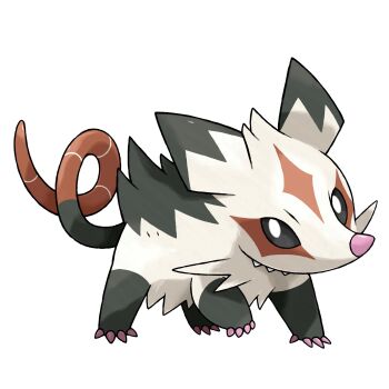 black_fur commentary english_commentary fakemon greg_andrade highres looking_at_viewer mixed-language_commentary nintendo no_humans official_style original parody pokemon pokemon_(creature) portuguese_commentary possum simple_background solo style_parody sugimori_ken_(style) tail two-tone_fur white_background white_fur