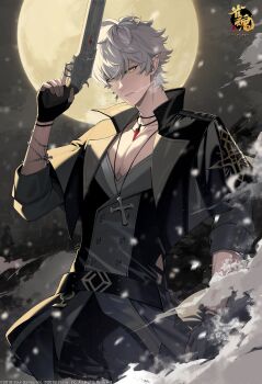 Rule 34 | 1boy, a-37 (mahjong soul), absurdres, belt, black gloves, breath, commentary request, copyright logo, cowboy shot, cross, cross earrings, cross necklace, earrings, fingerless gloves, full moon, gloves, gun, hand up, handgun, highres, holding, holding gun, holding weapon, jacket, jewelry, logo, looking at viewer, mahjong soul, male focus, moon, necklace, night, official alternate costume, official art, open clothes, open jacket, outdoors, pendant, pointy ears, revolver, single earring, sleeves rolled up, slit pupils, snow, snowing, sogawa, solo, tree, trigger discipline, weapon, white hair, yellow eyes