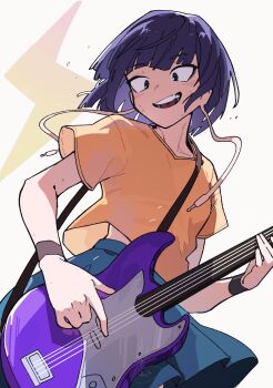 :d absurdres audio_jack bass_guitar blue_skirt bob_cut boku_no_hero_academia breasts casual cowboy_shot earplugs fretless_bass_guitar fretless_instrument guitar hanten_(hantennano) highres holding holding_guitar holding_instrument instrument jiro_kyoka lightning_bolt_symbol long_earlobes midriff_peek music open_mouth playing_bass_guitar playing_guitar playing_instrument pleated_skirt purple_eyes purple_hair shirt short_hair simple_background skirt small_breasts smile t-shirt white_background wristband yellow_shirt