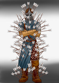 1boy armor arrow_(projectile) boots brown_boots crossed_arms full_body guards helm helmet kurooni_(avenir) male_focus mask meme solo standing the_elder_scrolls the_elder_scrolls_v:_skyrim