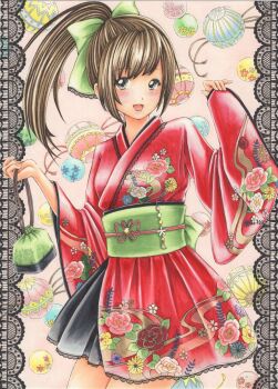 1girl blush border bow brown_hair christmas_ornaments commentary_request cowboy_shot dot_nose floral_print floral_print_kimono green_bow green_sash grey_eyes hair_bow high_ponytail highres japanese_clothes kimono long_hair long_sleeves looking_at_viewer marker_(medium) midori_(mira567) obi open_mouth original ornate_border parted_bangs pink_background ponytail print_kimono red_kimono sash sidelocks smile solo standing straight-on traditional_media wide_sleeves