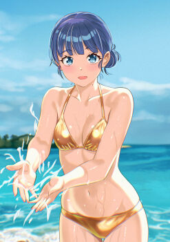 1girl :d basori_tiara bikini blue_eyes blue_hair blue_sky blurry blurry_background breasts collarbone commentary_request gold_bikini hair_bun highres kousan looking_at_viewer make_heroine_ga_oo_sugiru! mole mole_on_neck navel ocean open_mouth outdoors short_hair sky small_breasts smile solo splashing swimsuit wet