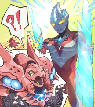 !? &gt;_&lt; 1boy ^^^ alien breaking claws color_timer colored_skin commentary_request crying emphasis_lines energy flying_sweatdrops flying_teardrops forehead_jewel glowing glowing_eyes gradient_background green_background head_tilt holding holding_shield kaiju male_focus monster motion_lines multicolored_skin no_pupils oo-ze open_mouth orange_eyes parasite parted_lips red_skin shagong shards sharp_teeth shield shining shungyou silver_skin sparkle speech_bubble speed_lines surprised sweatdrop teeth tokusatsu ultra_series ultraman_arc ultraman_arc_(series) yellow_background yellow_eyes