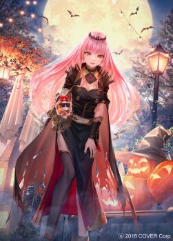 1girl asymmetrical_legwear bat_(animal) black_choker black_dress black_nails black_thighhighs black_tiara blunt_bangs breasts buttons cape choker cleavage cleavage_cutout clothing_cutout commentary_request company_name copyright_notice double-breasted dress feet_out_of_frame fog front_slit full_moon ghost_costume gift gold_trim halloween hat holding holding_gift hololive hololive_english incoming_gift jack-o&#039;-lantern lamppost large_breasts leaning_forward long_dress mismatched_legwear moon mori_calliope mori_calliope_(1st_costume) nail_polish night official_art outdoors pink_eyes pink_hair see-through_clothes see-through_veil single_thighhigh smile solo sousou_(sousouworks) spiked_cape thighhighs tiara torn_cape torn_clothes tree two-sided_cape two-sided_fabric veil virtual_youtuber witch_hat wrist_guards