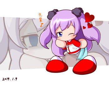 Rule 34 | 1girl, 2019, blue eyes, commentary request, different zoom layer, eighth note, hair ornament, hand on own cheek, hand on own face, heart, holding, holding towel, jacket, jikkyou powerful pro yakyuu, jikkyou powerful pro yakyuu (style), katagiri ren, long hair, multicolored jacket, multicolored shoes, musical note, no mouth, one eye closed, pom pom (clothes), pom pom hair ornament, power pro appli, purple hair, rayman limbs, red jacket, red shoes, shiroi tansu, shirt, shoes, towel, track jacket, two-tone shoes, two side up, white jacket, white shirt, white shoes, yandere