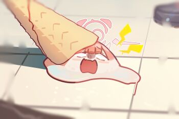 Rule 34 | aru (blue archive), blank eyes, blue archive, commentary request, deformed, demon girl, floor, foodification, full body, halo, highres, ice cream cone, jochal, looking at viewer, open mouth, pink hair, pink halo, shaded face