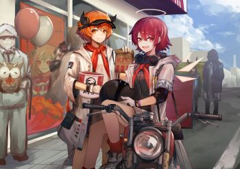 2girls absurdres amiya_(arknights) arknights colonel_sanders commentary_request croissant_(arknights) doctor_(arknights) exusiai_(arknights) halo headphones headphones_around_neck highres hood hood_down jacket kfc motor_vehicle motorcycle multiple_girls neckerchief open_mouth orange_hair outdoors purple_eyes red_hair red_neckerchief red_socks sasa_kurumi shoes short_hair sneakers socks traditional_halo visor_cap white_jacket
