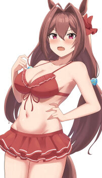 1girl absurdres animal_ears bare_arms bare_shoulders bikini bikini_skirt blush bow breasts brown_hair brown_tail cleavage collarbone cowboy_shot daiwa_scarlet_(mini_vacation)_(umamusume) daiwa_scarlet_(umamusume) fang frilled_bikini frills hair_between_eyes hair_bobbles hair_bow hair_intakes hair_ornament hand_on_own_hip hand_up highres horse_ears horse_girl horse_tail large_breasts long_hair looking_at_viewer low_twintails navel open_mouth pleated_skirt red_bikini red_bow red_eyes red_skirt simple_background skin_fang skirt solo standing swimsuit tail twintails umamusume v-shaped_eyebrows very_long_hair wakame_miso white_background