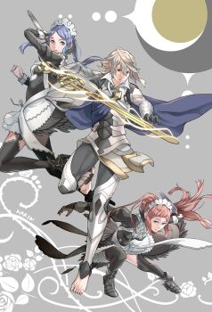 1boy 2girls absurdres apron barefoot black_dress black_thighhighs blue_cape blue_eyes blue_hair breasts cape closed_mouth commentary dagger dress english_commentary felicia_(fire_emblem) fire_emblem fire_emblem_fates flora_(fire_emblem) grey_eyes grey_hair hair_between_eyes highres holding holding_dagger holding_knife holding_weapon juliet_sleeves karrincorrin knife long_hair long_sleeves looking_at_viewer maid maid_apron maid_headdress male_corrin_(fire_emblem) medium_breasts multiple_girls nintendo pink_hair ponytail puffy_sleeves red_eyes short_hair siblings sisters stirrup_legwear sword thighhighs thighs toeless_legwear twins twintails weapon yato_(fire_emblem)