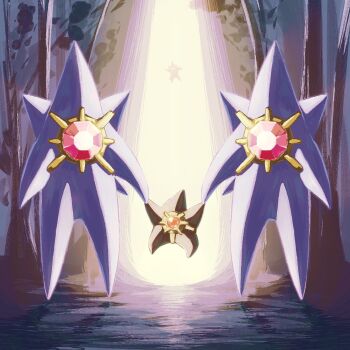 colored_skin commentary_request evolutionary_line full_body gem gen_1_pokemon highres holding_hands long_legs mega_pokemon mega_starmie nintendo no_eyes no_humans pokemon pokemon_(creature) pokemon_focus pokemon_legends:_z-a purple_skin red_gemstone starfish starmie staryu tori_(torisan_pokemon)