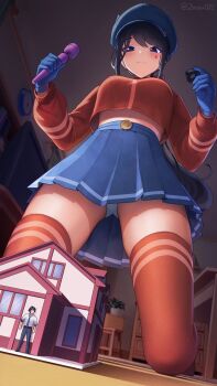 1boy 1girl :3 absurdres analog_clock animal_hat black_hair blue_eyes blue_gloves blue_skirt breasts cat_hat chest_of_drawers clock commentary commission cool_mita_(miside) doll_house double_horizontal_stripe english_commentary gloves hat hiding highres hitachi_magic_wand holding holding_tape kneeling light_smile long_hair long_sleeves low_ponytail medium_breasts midriff mini_person miniboy miside mita_(miside) monitor newsboy_cap no_shoes panties pantyshot plant pleated_skirt ponytail potted_plant red_sweater red_thighhighs sex_toy signature size_difference skirt sweater table tattoo teardrop_tattoo thighhighs twitter_username underwear vibrator zenougts