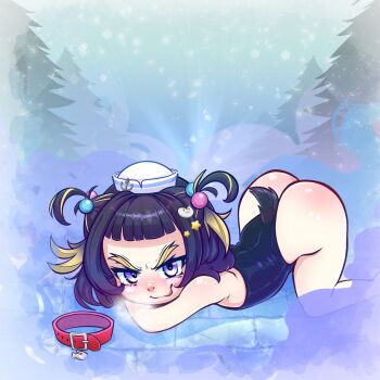 1girl ass bent_over bikini black_hair blonde_hair blush collar eyebrows female flat_chest gradient_hair hat highres hunneychu indie_virtual_youtuber loli mesugaki multicolored_hair nymphedahlia one-piece_swimsuit purple_eyes sailor_hat short_hair swimsuit tail thick_eyebrows thighs two-tone_hair virtual_youtuber