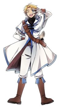 Rule 34 | 1boy, anime coloring, antenna hair, arm behind back, belt, black shirt, blonde hair, blue eyes, boots, brown belt, capelet, capelet belt, coat, collared capelet, curtained hair, full body, gloves, knee boots, large belt, legs apart, long sleeves, looking at viewer, lucian kaltz, male focus, maloolko, map, nexon, one eye closed, open mouth, pants, parted bangs, second-party source, shirt, short hair, shoulder belt, sleeve cuffs, smile, solo, tales weaver, teeth, tongue, transparent background, turtleneck, turtleneck shirt, two-sided coat, two-sided fabric, undershirt, upper teeth only, v, v over eye, white capelet, white coat, white gloves, white pants, white sleeves, wing collar