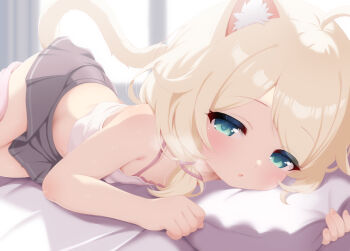 1girl :o ahoge animal_ear_fluff animal_ears aqua_eyes bare_shoulders blonde_hair blush breath camisole cat_ears cat_girl cat_tail commentary_request flat_chest grey_skirt hair_flaps half-closed_eyes head_on_pillow highres hosizora_mikoto idolmaster idolmaster_cinderella_girls kemonomimi_mode looking_at_viewer low_twintails lying medium_hair midriff miniskirt navel on_bed on_side open_mouth pillow pillow_grab pink_camisole pov_across_bed skirt solo swept_bangs tail twintails yusa_kozue