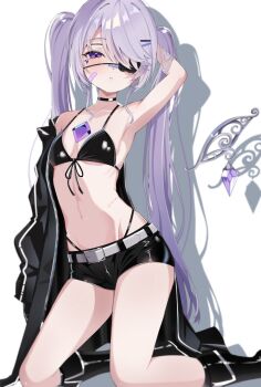 1girl absurdres arm_behind_head arm_up armpits bandaid bandaid_on_cheek bandaid_on_face bandaid_on_nose belt bikini bikini_top_only black_boots black_choker black_coat black_rock_shooter black_rock_shooter_(character) black_rock_shooter_(character)_(cosplay) black_shorts boots breasts castellayaki chest_jewel choker cleavage coat coat_partially_removed commentary cosplay detached_wings english_commentary eyepatch fold-over_boots front-tie_bikini_top front-tie_top gem highleg highleg_panties highres hololive hololive_english jewel_under_eye knee_boots kneeling koseki_bijou linea_alba long_hair looking_at_viewer metal_wings navel no_shirt panties panty_straps parted_lips purple_eyes purple_gem purple_hair scar scar_on_stomach short_shorts shorts sidelocks simple_background small_breasts solo stomach swept_bangs swimsuit twintails underwear very_long_hair virtual_youtuber white_background white_belt wings