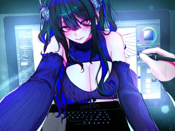 1girl 1other absurdres bare_shoulders black_hair blue_hair blue_horns blue_sweater blush breasts cleavage_cutout closed_mouth clothing_cutout colored_inner_hair computer_keyboard detached_sleeves hair_between_eyes highres holding holding_stylus hololive hololive_english horns large_breasts long_hair looking_at_viewer monitor multicolored_hair nerissa_ravencroft pov red_eyes ribbed_sweater sleeveless sleeveless_sweater smile soju_ice stylus sweater through_medium through_screen turtleneck turtleneck_sweater virtual_youtuber