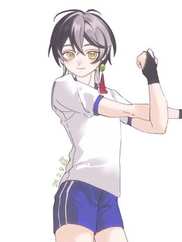 Rule 34 | 1boy, alternate costume, black bridal gauntlets, black hair, blue shorts, bridal gauntlets, chinese commentary, closed mouth, commentary request, cowboy shot, crossed bangs, dated, dot nose, earrings, grey hair, gym shirt, gym shorts, gym uniform, hair between eyes, happy, highres, infinity nikki, jade (gemstone), jewelry, looking at viewer, male focus, multicolored hair, nikki (series), puffy short sleeves, puffy sleeves, qing141, shirt, short sleeves, shorts, simple background, single earring, smile, solo, split-color hair, standing, stretching, tan youyou (infinity nikki), tassel, tassel earrings, two-tone hair, white background, white shirt, yellow eyes