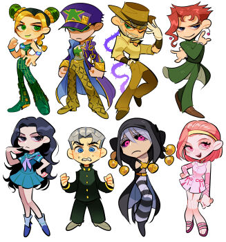 3girls 6+boys abeiyuuu arm_tattoo arms_behind_head beard belt black_coat black_eyes black_hair black_hood black_pants black_sclera black_shoes blonde_hair blue_eyes blue_sailor_collar blue_shirt blue_skirt boots braid brown_belt brown_hat brown_pants chain cherry_earrings clenched_hands closed_mouth coat colored_sclera deformed diamond_wa_kudakenai double_bun dress earrings facial_hair food-themed_earrings food_themed_earrings frown full_body gakuran gloves green_coat green_eyes green_hair green_jacket green_lips green_pants grey_hair grey_pants grey_shoes grin hair_bun hairband hand_in_pocket hand_on_own_hip hat hermit_purple high_collar highres hirose_koichi hood hood_up jacket jewelry jojo_no_kimyou_na_bouken jojo_pose joseph_joestar joseph_joestar_(old) kakyoin_noriaki kakyoin_noriaki&#039;s_pose kuujou_jolyne kuujou_joutarou long_coat long_hair long_sleeves looking_at_viewer makeup multicolored_hair multiple_boys multiple_girls neckerchief nervous old old_man one_eye_closed open_clothes open_coat open_mouth pants pink_dress pink_eyes pink_hair plant purple_coat purple_hat purple_neckerchief red_hair risotto_nero sailor_collar sandals school_uniform serafuku shirt shoes short_hair simple_background skirt smile stand_(jojo) standing stone_ocean striped_clothes striped_pants sugimoto_reimi sweat sweatdrop tattoo thorns two-tone_hair v-shaped_eyebrows vento_aureo vines white_background white_gloves wristband yamagishi_yukako yellow_hairband yellow_pants yellow_shirt