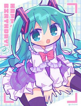 1girl :d black_thighhighs blue_skirt blush bow bowtie collared_shirt commentary frilled_skirt frills green_eyes green_hair hatsune_miku highres long_hair long_sleeves looking_at_viewer open_mouth plaid_clothes plaid_skirt red_bow red_bowtie richard_(richaball) shirt sitting skirt smile solo thighhighs twintails very_long_hair vocaloid wariza white_shirt