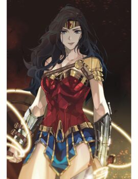 1girl absurdres bare_shoulders black_hair blue_eyes blurry blurry_foreground bracer breasts dc_comics embers highres holding_lasso lasso lasso_of_truth leotard long_hair looking_at_viewer medium_breasts regalilyn solo standing thighs thinkthinkthinkhmhm vambraces wonder_woman wonder_woman_(series)