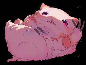 absurdres black_background claws commentary_request creature creature_focus hand_on_own_chest highres looking_at_viewer lying made_in_abyss mitty_(made_in_abyss) on_back open_mouth red_eyes sekaineko_001 sharp_teeth simple_background teeth