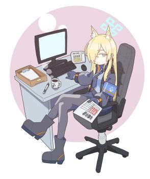 1girl akaimame animal_ears armband black_jacket black_necktie black_shoes blonde_hair blue_archive blue_armband chair coffee coffee_mug commentary_request computer_keyboard computer_mouse cup desk dog_ears expressionless full_body hair_over_one_eye highres holding holding_paper jacket kanna_(blue_archive) long_hair long_sleeves looking_at_viewer monitor mug necktie office_chair on_chair one_eye_covered open_clothes open_jacket pantyhose paper pen police police_uniform shoes simple_background sitting solo swivel_chair turning_head yellow_eyes