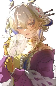 Rule 34 | 1girl, :d, arknights, blonde hair, blue hair, blush, chinese commentary, choker, colored extremities, commentary request, dated, dragon girl, dragon horns, eyeliner, flower, frills, grey eyes, hair between eyes, hair flower, hair ornament, happy, highres, holding, horns, jacket, long hair, long sleeves, makeup, multicolored hair, official alternate costume, open mouth, orange eyeliner, pink jacket, rinko seren, shu (arknights), shu (spring feast) (arknights), simple background, smile, solo, transparent, upper body, white background, white hair, yellow choker