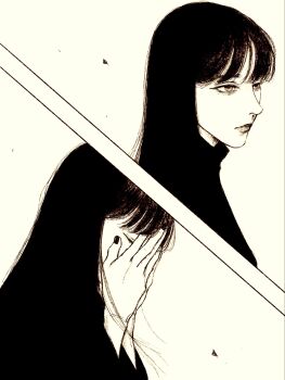 1girl black_hair black_outline covering_own_eyes covering_own_face covering_own_mouth from_side highres long_hair looking_to_the_side original outline solo tp_p_pt white_background