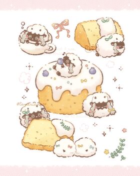 blueberry blush bow bubble cake commentary_request cup flower food fruit gen_8_pokemon highres musical_note nintendo no_humans pokemon pokemon_(creature) ribbon sheep sparkle temariame14 twitter_username wooloo