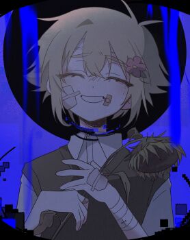 1boy absurdres antenna_hair bandaged_hand bandages bandaid bandaid_on_face bandaid_on_finger bandaid_on_hand basil_(faraway)_(omori) basil_(omori) blonde_hair closed_eyes collared_shirt double-parted_bangs flower green_sweater_vest hair_between_eyes hair_flower hair_ornament highres holding holding_flower male_focus mqd0rl omori open_mouth shirt short_hair short_sleeves sidelocks solo sunflower sweater_vest white_shirt