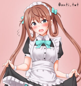 1girl alternate_costume anti_(untea9) apron aqua_bow aqua_bowtie aqua_panties asagumo_(kancolle) black_dress bow bowtie breasts brown_hair collared_dress collared_shirt commentary_request dress enmaided frilled_apron frills gradient_background hair_ribbon kantai_collection long_hair looking_at_viewer maid maid_apron maid_headdress panties pink_background ribbon shirt short_sleeves skirt small_breasts smile solo twintails twitter_username underwear white_apron
