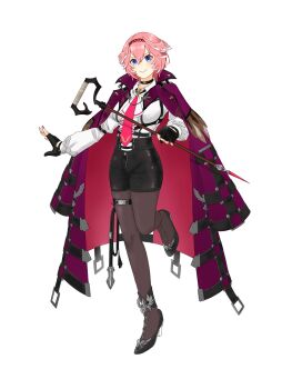 Rule 34 | 1girl, black choker, black gloves, black pantyhose, black shoes, black shorts, blue eyes, choker, closed mouth, coat, coat on shoulders, commentary request, double-parted bangs, fingerless gloves, full body, gloves, hair between eyes, head wings, high-waist shorts, highres, holding, holding staff, hololive, long sleeves, looking at viewer, necktie, pantyhose, pantyhose under shorts, pink hair, pink necktie, purple coat, ringo 21 a, shirt, shoes, short hair, shorts, simple background, smile, solo, staff, standing, standing on one leg, takane lui, takane lui (1st costume), virtual youtuber, white background, white shirt, wings