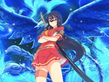 Rule 34 | 1girl, armband, arms under breasts, beak, bird, black hair, black mask, blue fire, blunt bangs, breasts, buttons, crossed arms, double-breasted, feathers, fiery wings, fire, game cg, gloves, hanzou academy school uniform, hime cut, holster, ikaruga (senran kagura), kunai, large breasts, long hair, mask, midriff peek, official alternate color, official art, ootachi, petticoat, phoenix, pleated skirt, red shirt, red skirt, scabbard, school uniform, senran kagura, senran kagura new link, sheath, sheathed, shiny skin, shirt, skirt, solo, standing, sword, thigh holster, very long hair, weapon, white gloves, wings, yaegashi nan