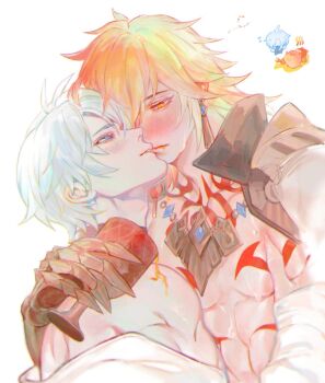 Rule 34 | 2boys, abs, antenna hair, arm tattoo, armor, baiyinshanguo1, biting, biting another's lip, black choker, black coat, blonde hair, blue eyes, blush, braid, chest tattoo, chinese commentary, choker, clawed gauntlets, coat, commentary request, cup, earrings, facial tattoo, gold earrings, gold necklace, gradient hair, highres, holding, holding cup, honkai: star rail, honkai (series), jewelry, male focus, medium hair, multicolored hair, multiple boys, mydei (honkai: star rail), necklace, open clothes, open coat, parted bangs, pauldrons, pectoral grab, phainon (honkai: star rail), pouring onto another, red hair, red tattoo, short hair, shoulder armor, side braid, single pauldron, tattoo, toned, toned male, white hair, yaoi, yellow eyes