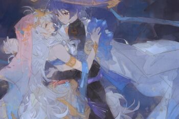 1boy 1girl armlet armor artist_request black_bodysuit black_bridal_gauntlets black_shorts blue_background blue_cape blue_gemstone blue_tube_top blue_veil blunt_ends blush bodysuit bracelet bridal_gauntlets cape circlet closed_eyes closed_mouth commission commissioner_insert covered_collarbone dancing eyeliner eyeshadow facing_another flower furisode gem genshin_impact gold gold_circlet gradient_veil grey_background grey_eyes hair_flower hair_ornament hand_on_another&#039;s_back hand_on_another&#039;s_shoulder happy harem_outfit hat hayami_momo_(hayamimomo) hetero highres holding_hands interlocked_fingers japanese_armor japanese_clothes jewelry jingasa kimono kote kurokote long_hair long_skirt looking_at_another makeup middle_eastern_architecture open_clothes open_kimono original pink_gemstone pink_veil purple_background purple_hair purple_hat purple_sash red_eyeliner red_eyeshadow sash scaramouche_(genshin_impact) shorts shoulder_peek skirt smile strapless tassel tsurime tube_top turtleneck turtleneck_bodysuit veil very_long_hair wanderer_(genshin_impact) watercolor_effect white_flower white_hair white_kimono white_skirt