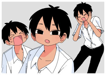 1boy abe_tomomi black_eyes black_hair black_pants blush crying fang highres laughing open_mouth original pants school_uniform shirt short_hair tan white_shirt