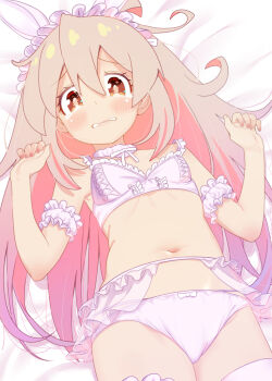1girl absurdres ahoge animal_ears blush bow bow_panties bra breasts brown_eyes fake_animal_ears frilled_armlet fur_choker hair_between_eyes highres long_hair lying navel on_back onii-chan_wa_oshimai! open_mouth oyama_mahiro panties pink_hair rabbit_ears shiina_excel small_breasts smile solo stomach underwear underwear_only white_bra white_panties