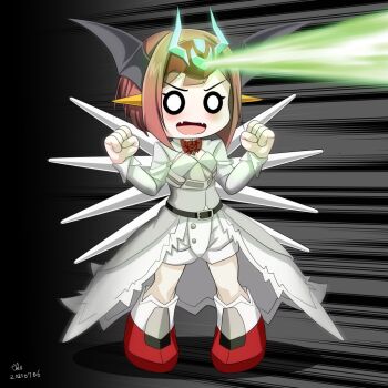 1girl ark_royal_(kancolle) beam blunt_bangs bob_cut chibi cleavage_cutout closed_eyes clothing_cutout corset demon_wings fangs fingerless_gloves full_body getter_robo getter_robo_arc gloves jacket kantai_collection long_sleeves name_connection open_mouth overskirt pantyhose parody red_hair red_ribbon ribbon short_hair shorts skin_fangs solo standing tk8d32 white_pantyhose white_shorts wings