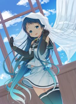 1girl black_gloves black_neckerchief black_thighhighs blue_eyes blue_hair blue_sky blush cloud commentary_request curtains day elbow_gloves gloves gradient_hair kantai_collection long_hair looking_at_viewer multicolored_hair neckerchief oge_(ogeogeoge) open_mouth sailor_collar samidare_(kancolle) school_uniform serafuku shirt skirt sky sleeveless sleeveless_shirt solo thighhighs very_long_hair white_skirt