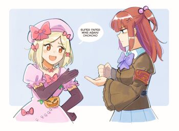 2girls ange_(angeban93) anger_vein arm_up beret blonde_hair blue_background blue_eyes border bow clenched_hand commentary dress english_commentary english_text hand_on_own_hip hat hat_bow highres lambdadelta long_hair medium_hair multiple_girls outside_border parted_bangs pink_bow pink_dress pink_hat rock_paper_scissors sidelocks smile speech_bubble standing two_side_up umineko_no_naku_koro_ni ushiromiya_ange v-shaped_eyebrows white_border wide_sleeves