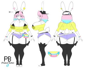 1girl absurdres animal_ears ass breast_implants breasts bulge curvy furry furry_male gigantic_breasts girly_boy highres huge_ass implied_futanari male_with_breasts original peanut_butter_(theycallhimcake) rabbit_boy rabbit_ears rabbit_tail reference_sheet silicone_breasts solo tail theycallhimcake trap white_fur wide_hips