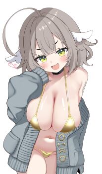 artist_request bikini breasts brown_hair cardigan gold_bikini green_eyes indie_virtual_youtuber large_breasts oimo_buster sagging_breasts virtual_youtuber