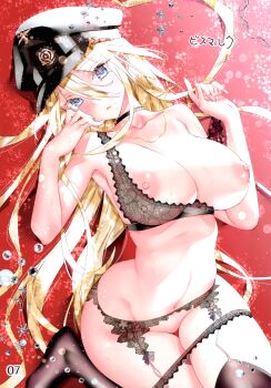 1girl absurdres azur_lane bare_shoulders bismarck_(azur_lane) black_bra black_choker black_thighhighs blonde_hair blue_eyes blush bra breasts choker collarbone eyelashes fingernails garter_belt garter_straps groin hair_between_eyes hat highres iron_blood_(emblem) jewelry kamiya_maneki lace lace_bra large_breasts long_fingernails long_hair looking_at_viewer lying navel necklace nipples no_panties non-web_source on_back open_mouth page_number peaked_cap scan sidelocks solo stomach thighhighs translation_request underwear very_long_hair