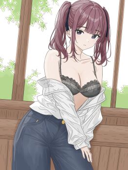 1girl absurdres bare_shoulders black_bra black_ribbon blue_pants bra breasts brown_hair cleavage closed_mouth collarbone cowboy_shot denim hair_ribbon highres indoors jeans lace_trim long_hair long_sleeves looking_at_viewer medium_breasts medium_hair mole mole_under_eye natsuki_karin off_shoulder open_clothes open_shirt pants purple_eyes ribbon shirt solo synthesizer_v twintails underwear v-lab white_shirt