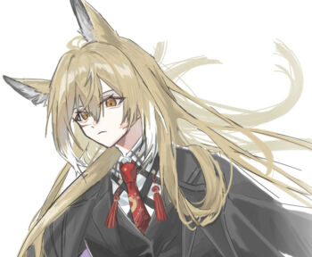 1girl animal_ears arknights black_jacket blonde_hair brown_eyes closed_mouth collared_shirt commentary expressionless facial_scar floating_hair hair_between_eyes jacket krgk_sc2 long_hair multicolored_hair necktie red_necktie scar scar_on_cheek scar_on_face shirt simple_background sketch solo streaked_hair tassel upper_body vulpisfoglia_(arknights) white_background white_hair white_shirt