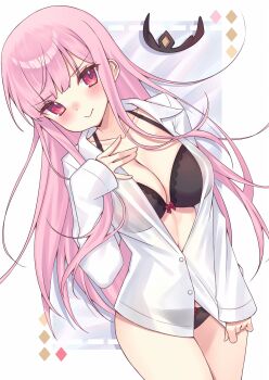 Rule 34 | 1girl, :>, alternate costume, black bra, black panties, black tiara, blush, bra, breasts, collarbone, commentary, hand on own chest, highres, hololive, hololive english, large breasts, long hair, looking at viewer, messy hair, mori calliope, panties, partially open shirt, pink eyes, pink hair, shirt, tiara, underwear, untranslatable commentary, unworn headwear, v-shaped eyebrows, virtual youtuber, watashishi, white shirt