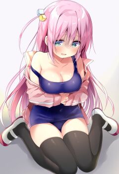 1girl arm_warmers black_thighhighs blue_eyes blush bocchi_the_rock! breasts cleavage cube_hair_ornament gotoh_hitori hair_between_eyes hair_ornament hair_over_eyes highres jacket long_hair looking_at_viewer medium_breasts nagayama_yuunon off_shoulder one-piece_swimsuit open_mouth pink_hair pink_jacket school_swimsuit simple_background solo swimsuit thighhighs white_footwear