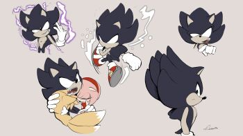 absurdres amy_rose andoraliix angry black_fur dark_sonic fox hedgehog highres hug medium_hair pink_fur scary scary_face smile sonic_(series) sonic_the_hedgehog sonic_x tails_(sonic) tms_entertainment white_eyes yellow_fur