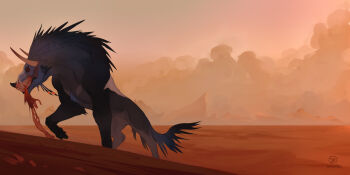 animal_focus dark desert dust fangs fantasy fog grey_fur horns immorthis monster no_humans original tail teeth walking wolf wolf_paws